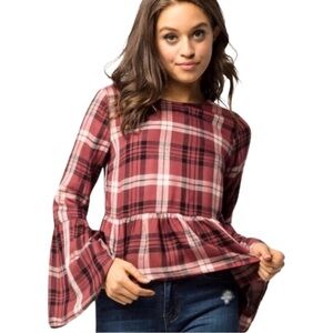 SKY AND SPARROW Plaid Flannel Peplum Crop Top